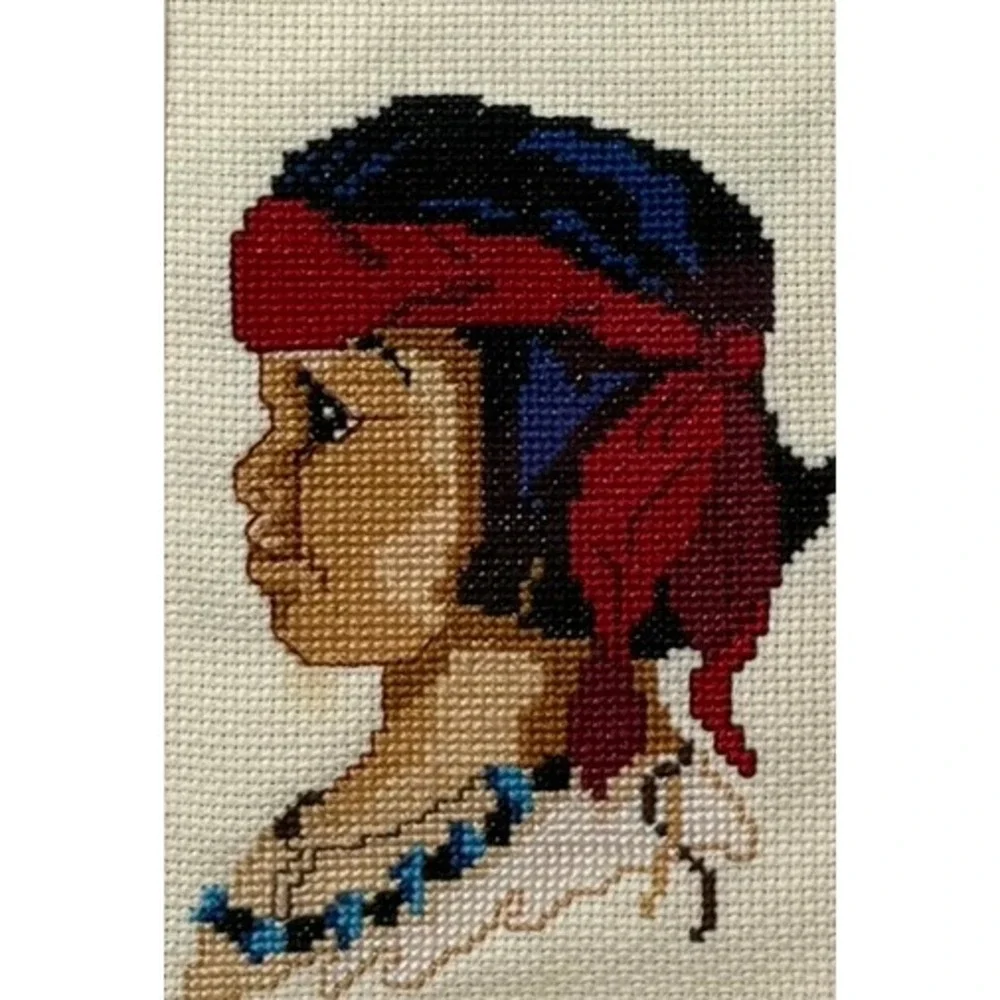 Vintage Native American Needlepoint Portraits Set of 2 Southwestern Wall Art